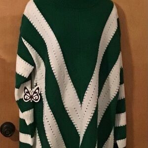 Self Esteem Green and White Chevron Turtleneck Sweater